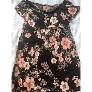 Black and pink off the shoulder midi dress